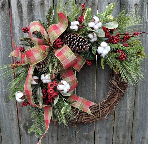 Holiday Christmas Wreath Grapevine Berry Wreath With Rustic Plaid