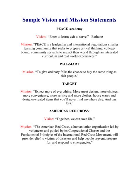Sample Vision And Mission Statements