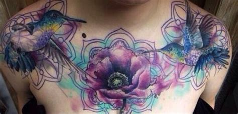 Watercolor Hummingbird Hovering Near A Flower Tattoo On Chest Chest