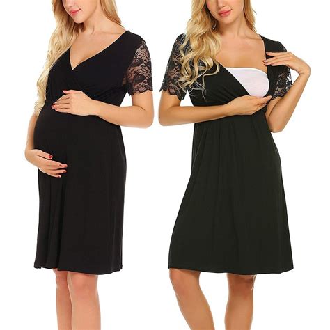 Solid Color Dress Knee Pregnant Women Breastfeeding Pajamas Skirt Pregnancy Dress Lace Stitching