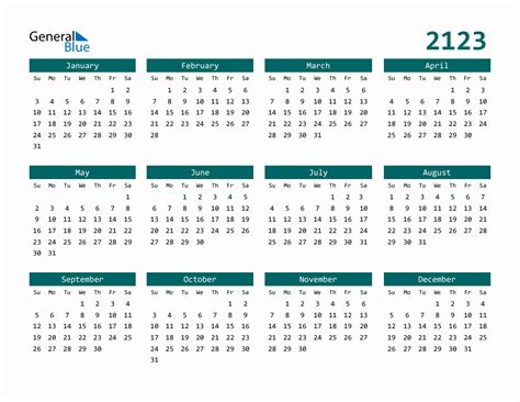 2123 Full Year Calendar