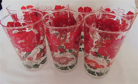 Vintage Peanut Butter Premium Glasses Tumblers Set 7 Colorful Red Flowers