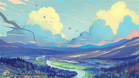 Download Wallpaper 2048x1152 Landscape Art Road Mountains Sky
