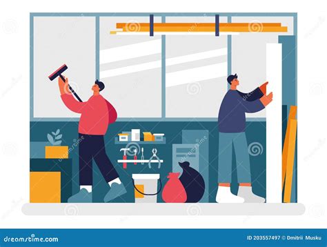 People Cleaning Warehouse Illustration Male Characters Wiping Dirt And