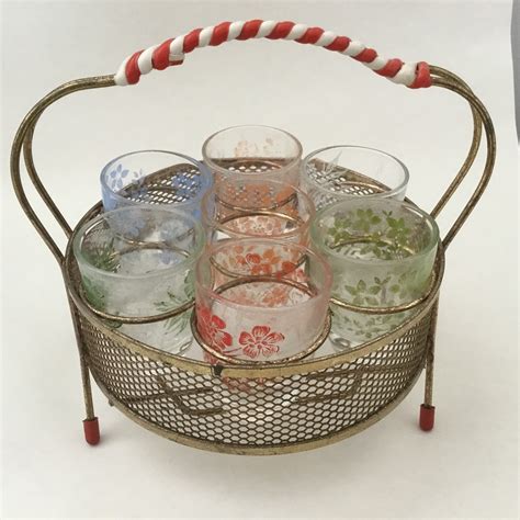 Atomic Bar Set With Vintage Shot Glasses And Red And White Stand Mid Century 1950s Barware Set