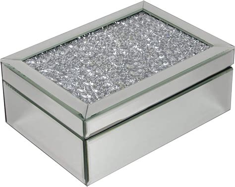 Homezone® Silver Crushed Diamante Mirrored Glass Jewellery Box With