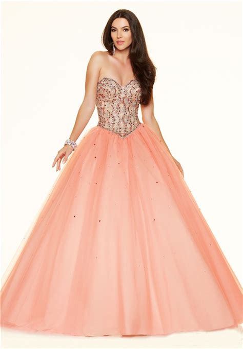 Puffy Ball Gown Strapless Corset Back Light Coral Satin Tulle Beaded