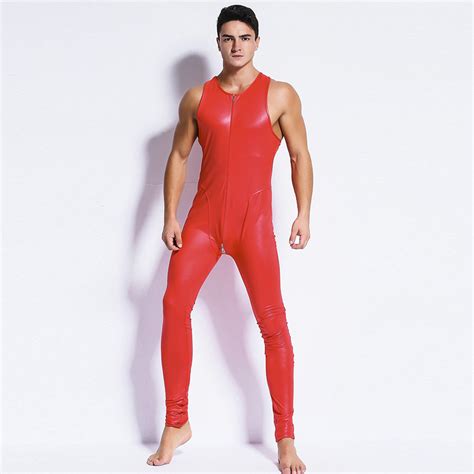 Sexy Men Black Red Catsuit Faux Leather Vinyl Bondage Bodysuit Leotard