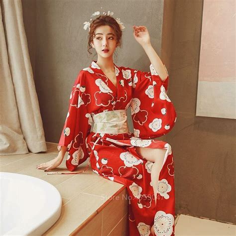 Kimono Traditional Red Floral Print Full Sleeve Traditional Japanese