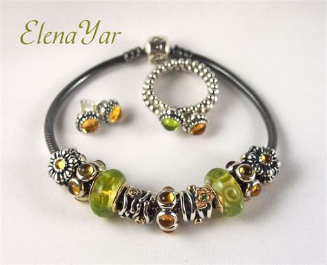 Pandora Oxidized Bracelet With Citrine N Lime Green Matching Rings