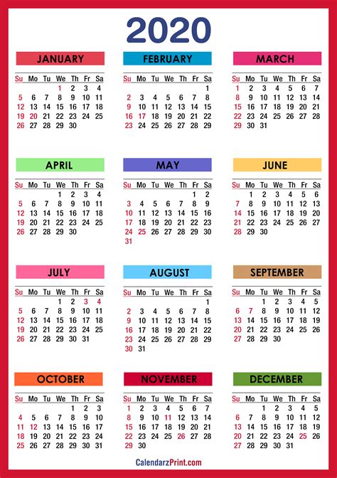 2020 Calendar With Holidays Printable Free Colorful Red Orange