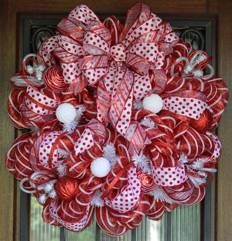 Red And White Christmas Deco Mesh Wreath