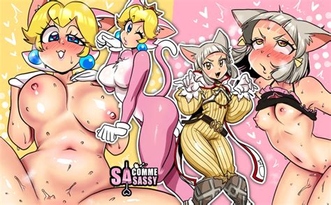 Rule 34 2girls Alternate Breast Size Breasts Cat Ears Cat Peach Catsuit Crossover Female