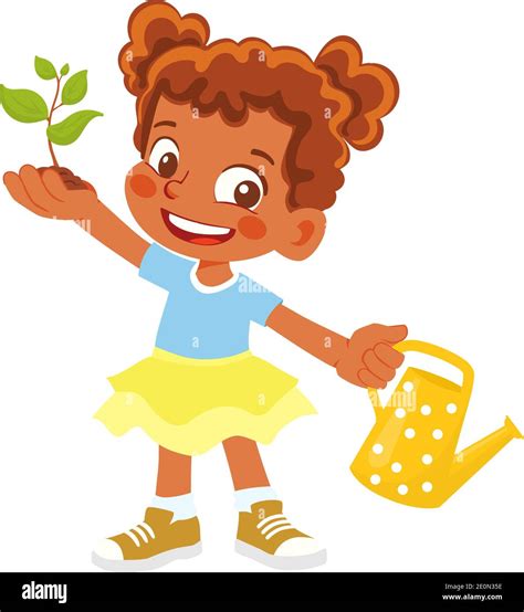 African American Girl Holding Sprout And Watering Can Vector Clipart