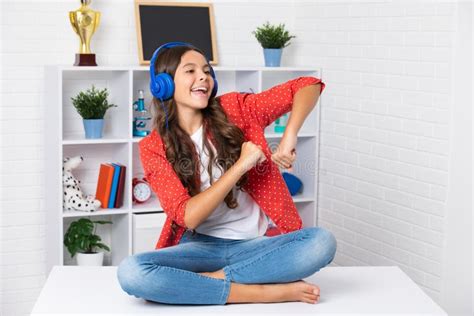 Teenager School Girl Listening Music Portrait Of Teen With Headphone