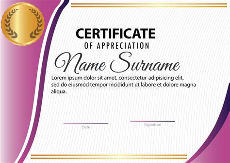 Creative Certificate Of Appreciation Award Template With Purple Gradient Stock Vector