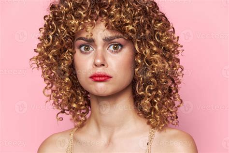 Lady Curly Hair Sad Look Red Lips Close Up Pink Background 22245071