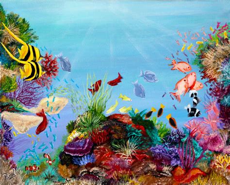 Watercolor coral reef composition with laminaria leaves. The Coral Reef Painting by Parul Mehta