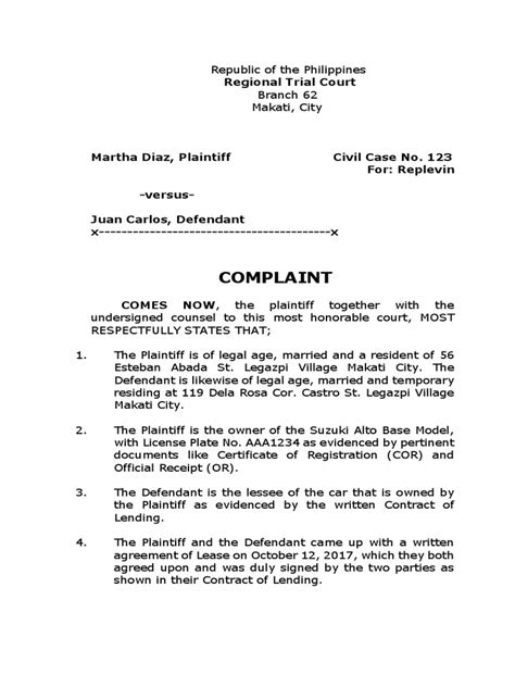 Sample Complaint For Replevin Plaintiff Complaint