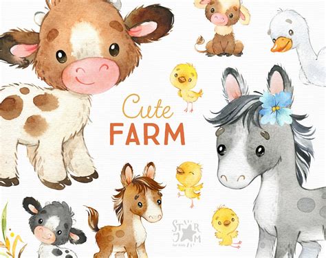 Cute Farm Watercolor Country Clipart Horse Cow Chicken Etsy