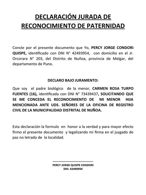 Declaración Jurada De Reconocimiento De Paternidad Pdf