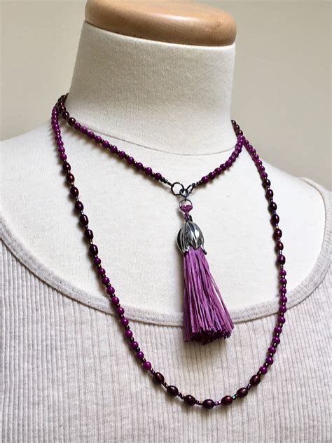 Long Beaded Necklace With Big Handmade Silk Tassel Violet Beads
