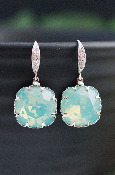Bridesmaid Earrings Mint Pacific Opal Swarovski Square Crystal Drop