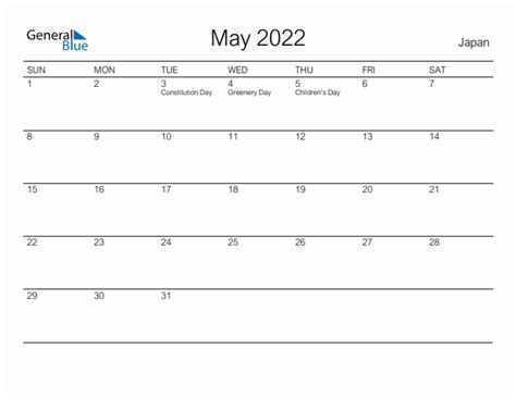 May 2022 Monthly Calendar With Japan Holidays