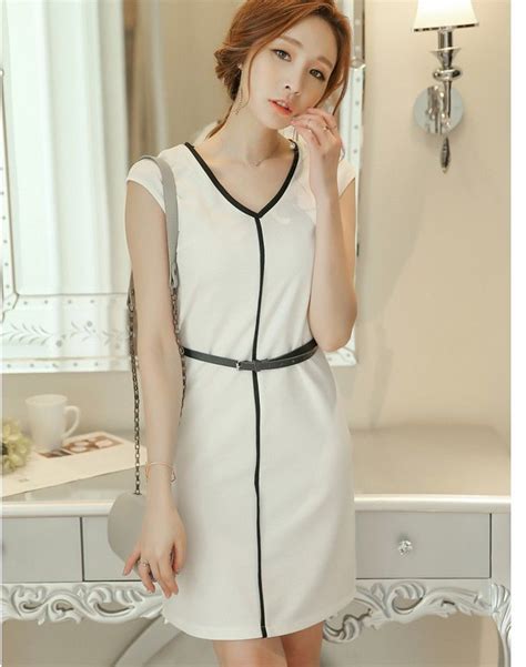 Elegant Korean Fashion Short Sleeve V Neck Belted Slim Mini Summer Sweet Dress Korean Fashion