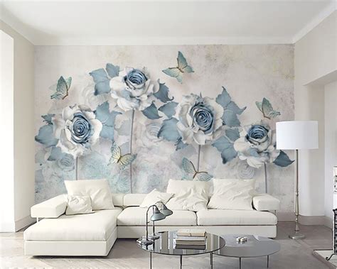 Beibehang Custom Wallpaper Blue D Flower Living Room Tv Background My