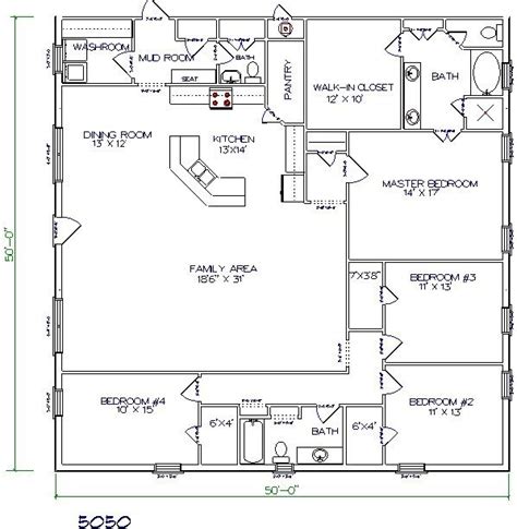 Barndominium Floor Plan 4 Bedroom 2 Bathroom 50x50 Barn Homes Floor