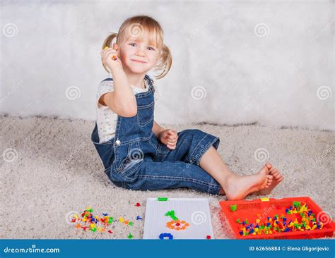 Little Girl Kid Playing With Education Mosaic Pins Stock Photo Image
