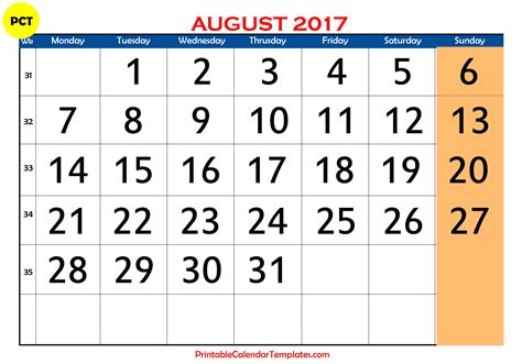 August 2017 Calendar With Holidays | Printable Calendar Templates