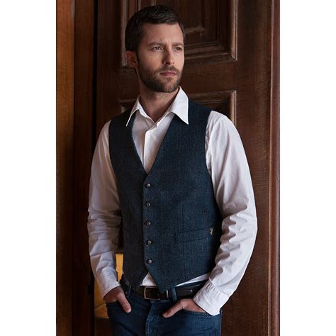 Muckross Weavers Irish Tweed Waistcoat Vest Navy Check Herringbone