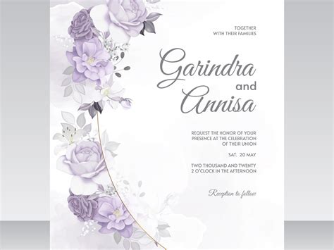 Elegant Wedding Invitation Card With Purple Floral And Leaves T By