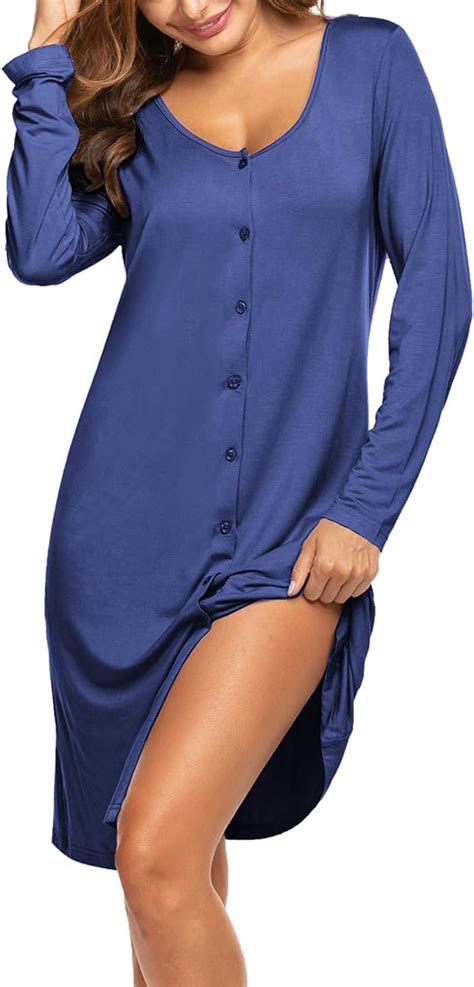 Ekouaer Womens Nightdress Long Sleeve Sleep Shirt V Neck Button Down