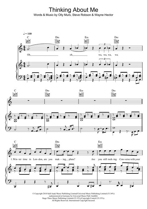Thinking Of Me Sheet Music Olly Murs Piano Vocal And Guitar Chords