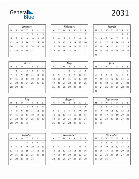 2031 Yearly Calendar Templates With Monday Start