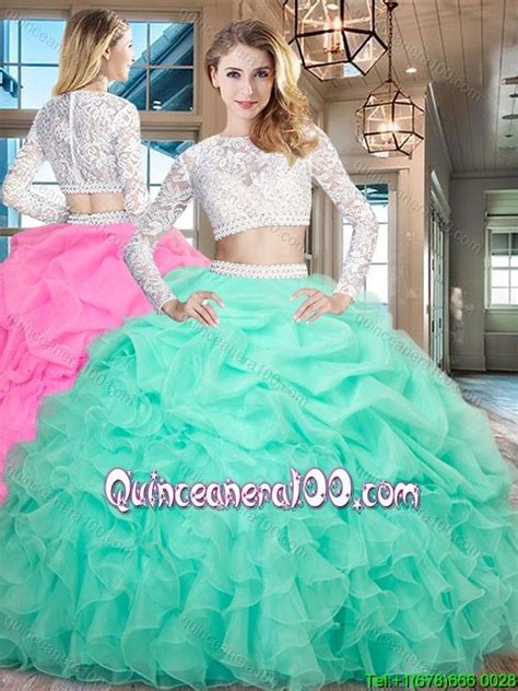 Elegant Two Piece Ruffled And Bubble Mint Quinceanera Dress With Long Sleeves Quinceanera