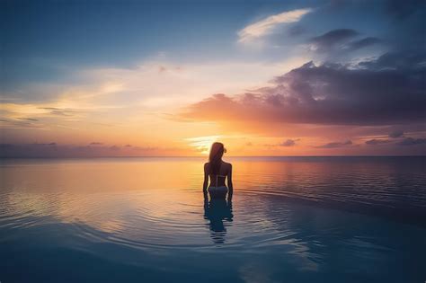 Premium Ai Image Woman Relaxing In Infinity Swimming Pool Ai