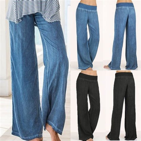 Plus Size Celmia Women Denim Wide Leg Pants Jeans Elastic High Waist