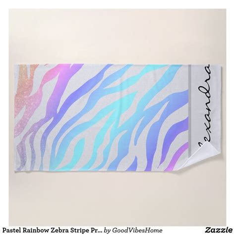 Pastel Rainbow Zebra Stripe Print Custom Name Beach Towel Rainbow