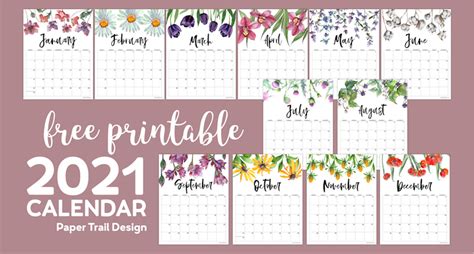 2021 Free Printable Calendar Floral Paper Trail Design