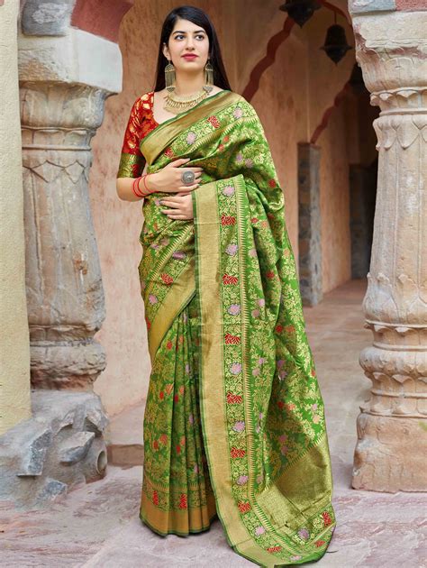 Green Banarasi Silk Saree With Multi Colored Floral Weaving In 2020