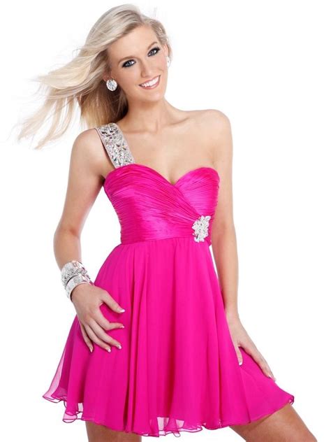 Beaded One Shoulder Gathered Hot Pink Cocktail Dresses Hot Pink Cocktail Dress Pink Formal
