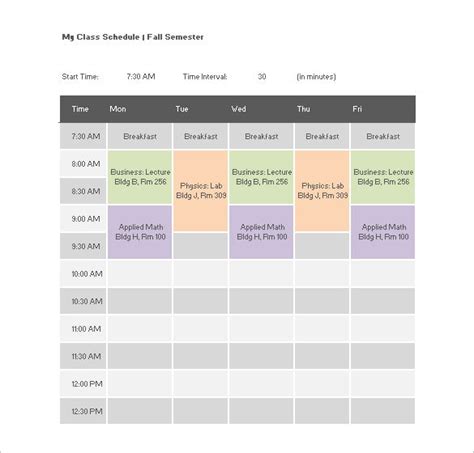 College Class Schedule Template 7 Free Word Excel Pdf Format