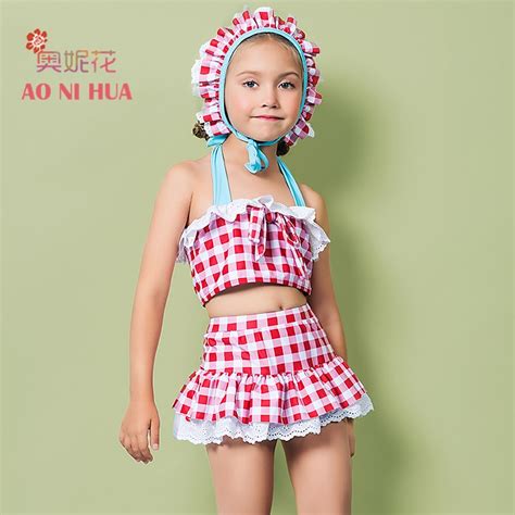 Aonihua 3pcs Plaid Gingham Bikini Set With Skirt Cap Girls Kids Summer