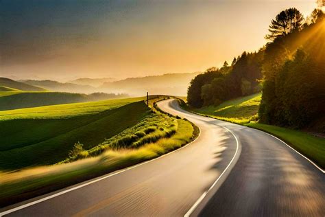 a long, winding road in the countryside with the sun setting. AI
