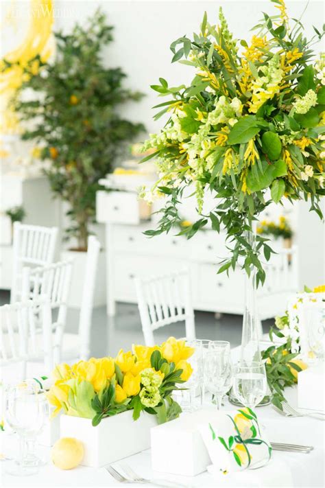 amalfi coast inspired bridal shower green and yellow centrepieces lemon tree centrepieces