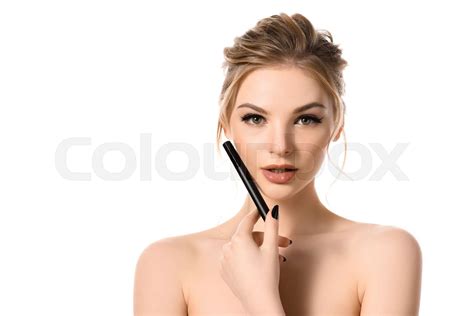 Naked Beautiful Blonde Woman With Makeup And Black Nails Holding